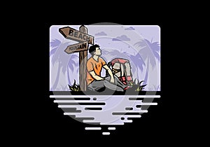 Man sit on the ground beside the way sign beach and mountain illustration