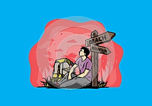 Man sit on the ground beside the way sign beach and mountain illustration