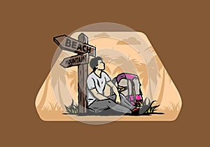 Man sit on the ground beside the way sign beach and mountain illustration