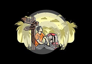 Man sit on the ground beside the way sign beach and mountain illustration