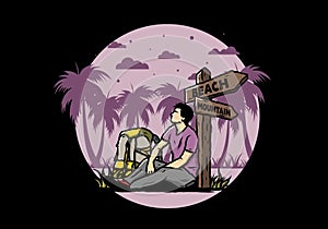 Man sit on the ground beside the way sign beach and mountain illustration