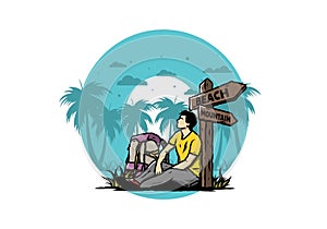 Man sit on the ground beside the way sign beach and mountain illustration