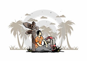 Man sit on the ground beside the way sign beach and mountain illustration