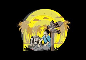 Man sit on the ground beside the way sign beach and mountain illustration