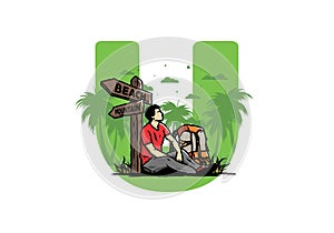 Man sit on the ground beside the way sign beach and mountain illustration