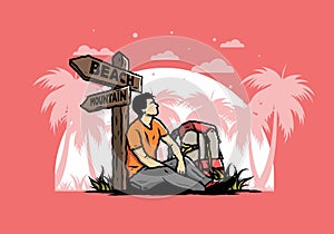 Man sit on the ground beside the way sign beach and mountain illustration