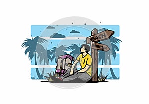 Man sit on the ground beside the way sign beach and mountain illustration