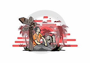 Man sit on the ground beside the way sign beach and mountain illustration