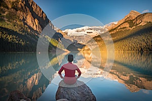 Man sit on rock watching Lake Louise reflections