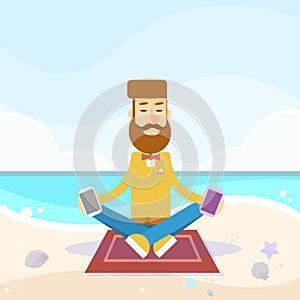 Man Sit On Sea Beach Vacation Lotus Pose Hold Cell Smart Phone Social Network Communication