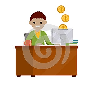 Man sit at table with computer. Online income and salary. Gold coins. Work freelance and programmer