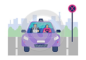Man sits in car with examiner during driving exam, flat vector illustration.