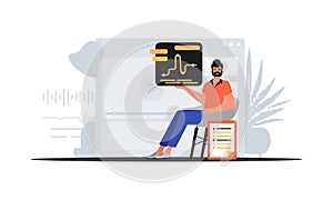 The man sits in a chasten and holds a chart with statistic . digital marketplace concept. Trendy style, Vector