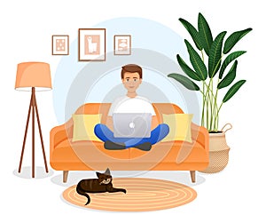 Man sits on the couch in a room with a laptop computer with her cat. Flat vector illustration of freelance, work at home