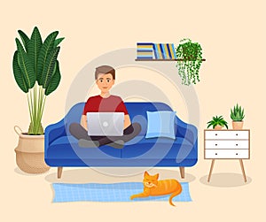 Man sits on the couch in a room with a laptop computer with her cat. Flat vector illustration of freelance, work at home