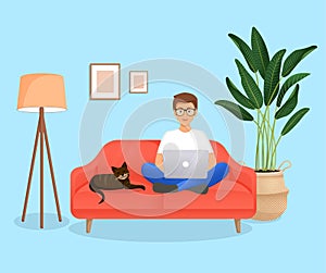 Man sits on the couch in a room with a laptop computer with her cat. Flat vector illustration of freelance, work at home