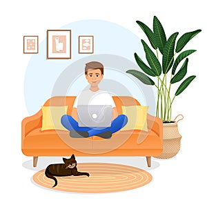 Man sits on the couch in a room with a laptop computer with her cat. Flat vector illustration of freelance, work at home