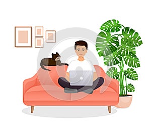 Man sits on the couch in a room with a laptop computer with her cat. Flat vector illustration of freelance, work at home