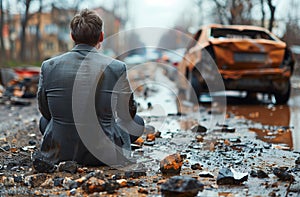 A man sits by a damaged car on the ground, next to the vehicles hood and tire
