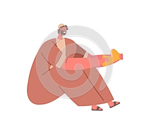 Man Sits Eating Bread Contentedly. Listener of Sermons of Jesus. God Creates Miracle. Cartoon Vector Illustration