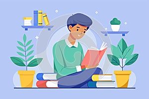 A man sits on the floor engrossed in reading a book, Time to study, Simple and minimalist flat Vector Illustration photo