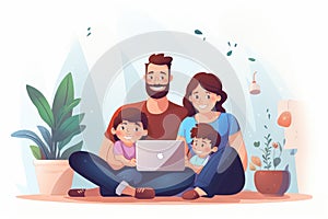 A man sits on the floor with two children, working on a laptop, Happy family with kids sit on couch using laptop, AI Generated