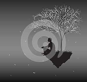 Man sits on flying rock look at falling cherry white leaves and think about sense of human life, silhouettes of people