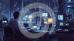 A man sits in front of multiple computer monitors, each displaying different data