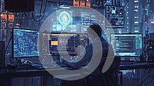 A man sits in front of multiple computer monitors, each displaying different data