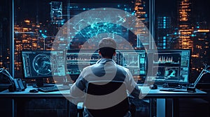 A man sits in front of multiple computer monitors, each displaying different data