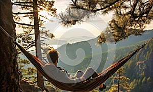 Man sits in hammock on top of a mountain. Man lying in a hammock on cliff, overlooking forest and lake. Generative AI