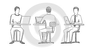 Man sits at a laptop. Front and back view. Office people sketch. Process of working at the table. Hatched drawing