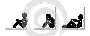 Man sits near the wall, different poses of people having a rest, stick figure human silhouette