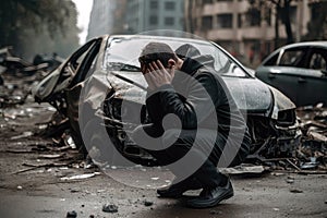 Man Sits On The Road Next To Wrecked Car And Covers His Face With His Hands. Generative AI