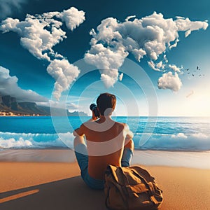 Man sits on sandy beach looking at clouds in the shape of a world map