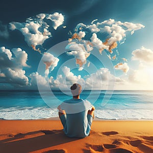 Man sits on sandy beach looking at clouds in the shape of a world map