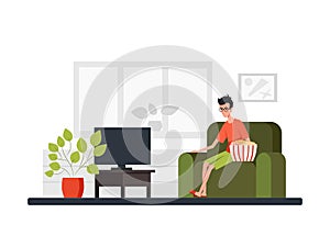 Man sits on a sofa, eats and watches TV. Color vector illustration.