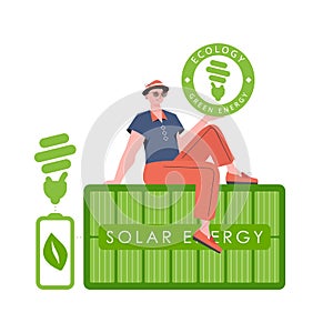 A man sits on a solar panel and holds the ECO logo in his hands. The concept of ecology and green energy. Isolated on