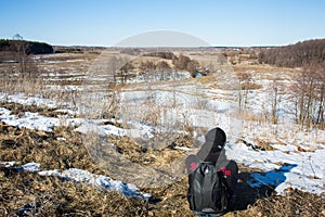 A man sits in the space field