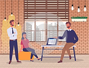 Office staff in a modern office, brick walls, laptop, furniture, ceiling lights. Flat vector image