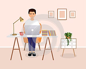 Man sits at a table, works at a computer at home. Remote work, freelance, home office, programming, training. Vector
