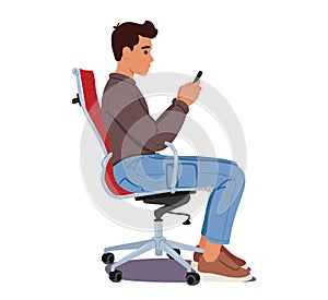 Man Sits Upright On A Chair, Maintaining Proper Body Posture, Engrossed In His Smartphone, Vector Illustration