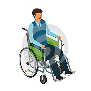 Man sits in wheelchair. Invalid, disabled, cripple icon or symbol.