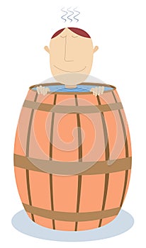 Man sits in the wooden cask filled up with water illustration