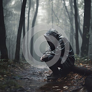 Man sitting alone in the forest with rain falling. Sad soul lost in a lonely world.