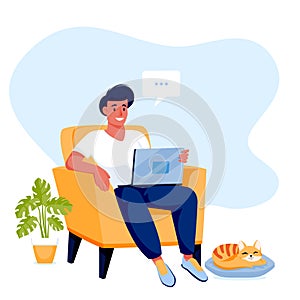 Man sitting on arm-achair and works on laptop at home. Vector illustration. Online education or remote work concept