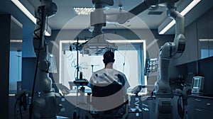 Man is sitting in an armchair in front of a computer monitor. Medical robot operator, a specialist who programs and configures