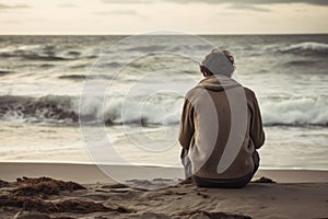Man sitting at a beach, rear view.
