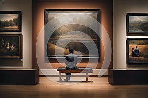 A Man Sitting on a Bench in Front of a Painting. Generative AI.