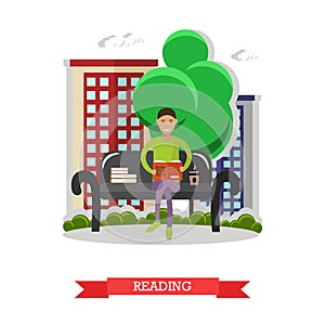 Man sitting on a bench in park, reading book and drinking coffee. Vector illustration in flat style design